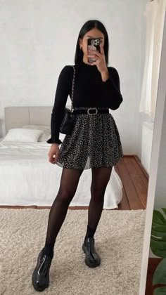 Credit 📸@thanyaw  • Trendy outfit ideas, Cute outfit ideas, Date night outfit ideas, Casual outfit ideas, Casual outfit ideas, Winter outfit ideas, Autumn outfit ideas, Seasonal outfit ideas, Women's style, Christmas outfit ideas, night out outfit, Outfit inspo, cute casual outfits, valentines outfits, valentines outfit idea 60 Degree Weather Outfit, Outfit With Tights, Outfit Ideas Black, Mode Ulzzang, Trendy Girls Outfits, Rock Outfit, Chic Fall Outfits, Dinner Outfit, Dot Skirt