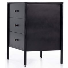 a black cabinet with three drawers on one side and an open drawer on the other