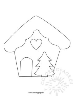 a house with a christmas tree and a heart on the roof is outlined in black and white