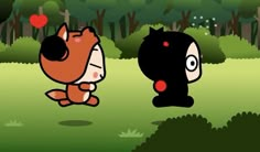 two cartoon characters are playing in the woods with each other, one is falling off his head