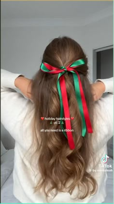 Christmas party hairstyle Christmas hair Christmas hairstyle bow, hairstyle, ribbon hairstyle, hair bow, hair inspiration, hair in Spanish style, trendy hairstyles Hair In Ribbon, Christmas Work Hairstyles, Christmas Half Up Half Down Hair, Make A Hair Bow With Ribbon, Holiday Hairstyles With Ribbon, Hair For Christmas Pictures, Bow Tie In Hair, How To Make A Hair Bow Out Of Ribbon, Christmas Bow In Hair