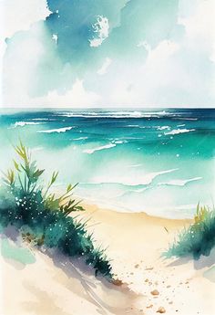 a watercolor painting of the ocean and beach