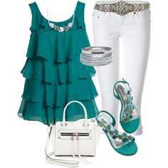 Untitled #185, created by jennifernoriega on Polyvore Belt Outfit, Beautiful Tops, 2015 Outfits, White Capris, Neue Outfits, Outfits Spring, Green Top, Spring Outfits Casual