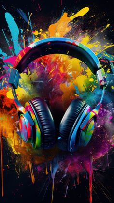 headphones with colorful paint splattered on them