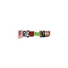 the word friends written in multicolored letters on a white background with black and red accents