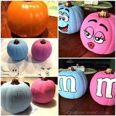 pumpkins with faces painted to look like cartoon characters