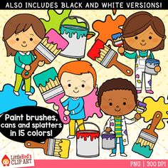 paint brushes and splashers in color clipart for kids with black and white versions