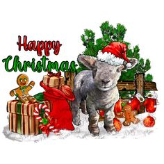 a sheep wearing a santa hat standing next to christmas presents and gingerbreads with the words happy christmas written on it