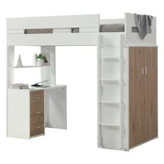 a white loft bed with desk underneath it and shelves on the bottom level, next to a bookcase