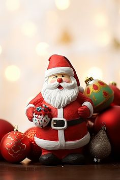 a santa clause figurine sitting next to christmas ornaments