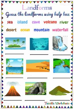 the landforms are labeled in different colors and shapes, including mountains, rocks, water and