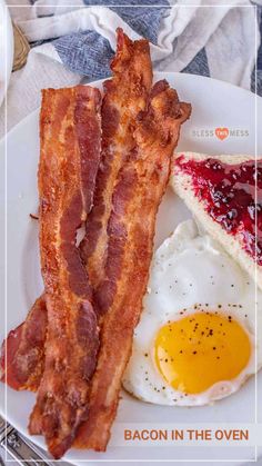 bacon in the oven and eggs on a plate