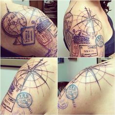 multiple pictures of the back of a woman's shoulder with various stamps on it