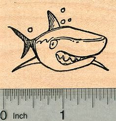 a rubber stamp with a shark on it's face and a ruler in the foreground