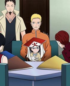 anime characters sitting around a table with one person looking at the camera and two people standing behind them