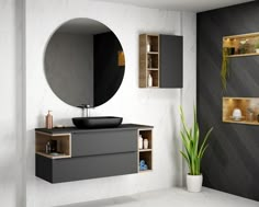 a bathroom with a sink, mirror and shelves on the wall next to each other