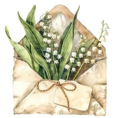 a watercolor painting of lily of the valley in an envelope with paper tied to it