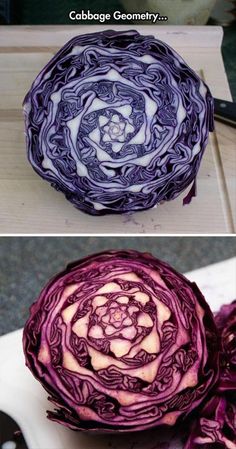 an onion cut in half on top of a cutting board next to another sliced up cabbage