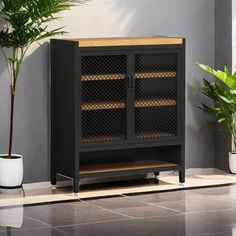 a black cabinet sitting on top of a tiled floor next to a potted plant