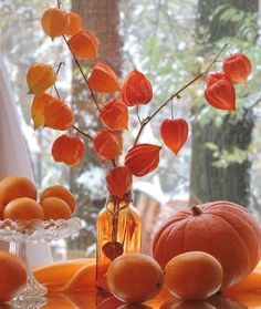 oranges and flowers are sitting on a table near a glass vase with water in it