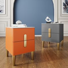 two colorful nightstands sitting on top of a hard wood floor next to each other