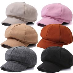 six different colored hats are shown in the same color and size, each with a flat brimmed peak