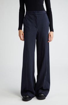 Crisp pinstripes pattern pants crafted in Italy from silk- and cashmere-softened cotton jersey in a roomy wide-leg silhouette. 37" inseam; 28" leg opening; 13" front rise; 17" back rise (size 8) Zip fly with hook-and-bar closure Front slant pockets Stretch lining 87% cotton, 8% cashmere, 5% silk Dry clean Imported Designer Clothing Neutral Pants, Dark Grey Dress Pants, Cotton Linen Trousers, Silk Wide Leg Pants, Wide Leg Dress Pants, Casual Work Outfit, Cotton Trousers, Wide Leg Linen Pants, Gap Pants