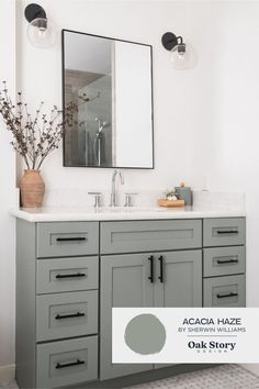 a bathroom vanity with two sinks and a large mirror