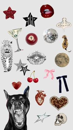 a bunch of different types of stickers on a white surface with an image of a dog's face