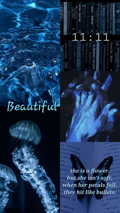 three different pictures with the words beautiful and jellyfish in them, one is reading a book