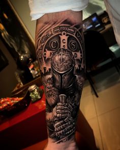 Armour Tattoo Forearm, For Honor Tattoo, Warrior Arm Tattoo, Knight Forearm Tattoo, Wariors Men Tattoo, Spartan Warrior Forearm Tattoo, Black And Gray Arm Tattoo, Arm Cover Up Tattoos