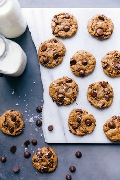 chocolate chip cookies and milk on a table