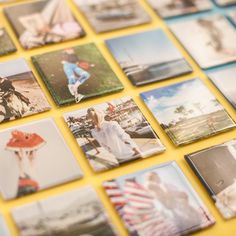 many polaroid pictures are arranged on a yellow surface