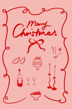 a christmas card with the words merry christmas written in red and surrounded by other holiday items