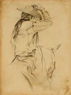 a drawing of a man with a hat on his head and a horse behind him