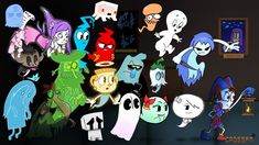 cartoon characters are grouped together in the dark