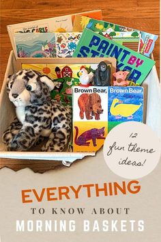 a stuffed animal in a box filled with children's books and other things to read