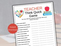 a printable teacher think quick game with an apple and books on the table next to it