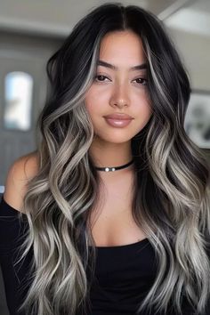 If you’ve been eyeing a certain hair shade for a while now – go for it. Whether it is red, pink, brown, or black, you can find a way to make it work for you. Hair colors are easy to change if you aren’t feeling it but we’ve got a list of shades you will #balayage #hair Dark Chocolate Brown Hair With Platinum Highlights, From Black Hair To Balayage, Black Hair Cool Tone Highlights, Black And Platinum Hair Balayage, Off Black Hair With Highlights, Dark Brown Hair With White Balayage, Dark Hair Icy Highlights, Balayage Black Hair Blonde, Hair Color Ideas Brown And Blonde