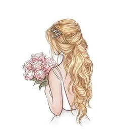 a drawing of a woman with long hair and flowers in her hair, holding a bouquet of roses