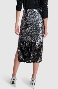 Glittery allover sequins elevate this midi skirt designed with a breezy side slit for eased movement. Hidden side-zip closure Side slit 100% polyester Hand wash, dry flat Imported Midi Pencil Skirt, Pencil Skirt Black, Midi Skirt Pencil, Office Attire, Skirt Design, Fashion Classy, Side Zip, Pencil Skirt, Midi Skirt