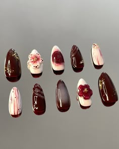 Burgundy Garden⋆˚✿˖° 𐙚 ₊ ⊹🥀✨🤍 ♦️Small size, Medium length, Almond shaped • swipe for close-up video🫶🏻 • Dive into elegance with the Burgundy Garden nail set! Perfectly crafted in a small size and medium length, these almond-shaped beauties are a must-have for any nail art lover. • • • • #nailartist #burgundy #burgundynails #paris16 #nails #gelnails #almondnails #pressonnails #nailart #naildesign #nailspiration #gel #gelxnails #3dflowersnails #red #nailartist #handpainted #gelx #custompresson... Almond Nails Length, Gel Nail Burgundy, Red Biab Nail Art, Nail Burgundy, Acrylic Nails Almond Burgundy, Medium Almond Nail Ideas, Red Nail Art Ideas, Burgundy Red Nails Design, Elegant Nail