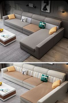 two pictures of a living room with couches and tables