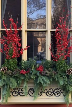 two windows with red flowers and pine cones in the window sill next to each other