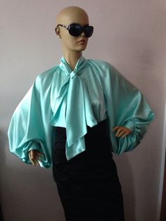 Formal Womens silk blouse/ Mint cocktail satin blouse/Satin Bow Blouse, Shirt Blue Silk Blouse With Blouson Sleeves, Blue Satin Party Blouse, Spring Party Tops With Satin Finish, Chic Silk Top For Party, Elegant Long Sleeve Satin Blouse, Elegant Silk Blouse With Satin Finish, Chic Satin Office Tops, Spring Long Sleeve Satin Finish Top, Long Sleeve Satin Finish Tops For Spring