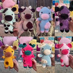 crocheted stuffed animals are being held by hands