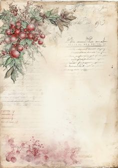 an old paper with holly and berries on it