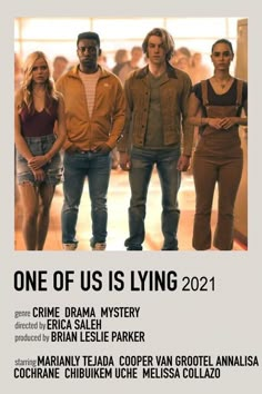 the poster for one of us is lying, which features three people standing in front of an audience