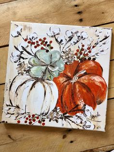 an acrylic painting of pumpkins and flowers