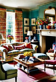 a living room filled with lots of furniture and colorful curtains on the window sill